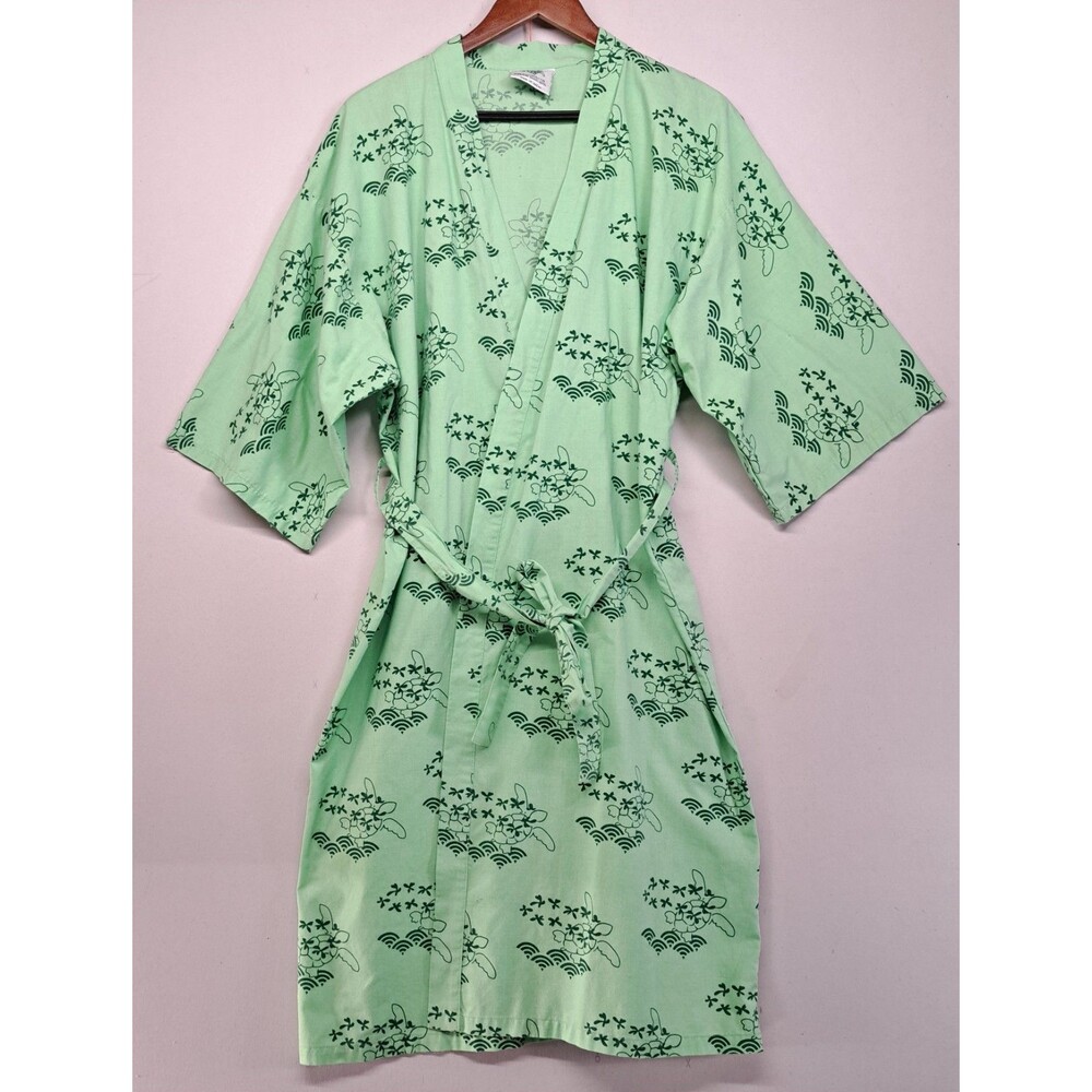 Vintage Sheraton Waikiki Hotel Robe Turtles Hawaiian Design Green Kimono Belted